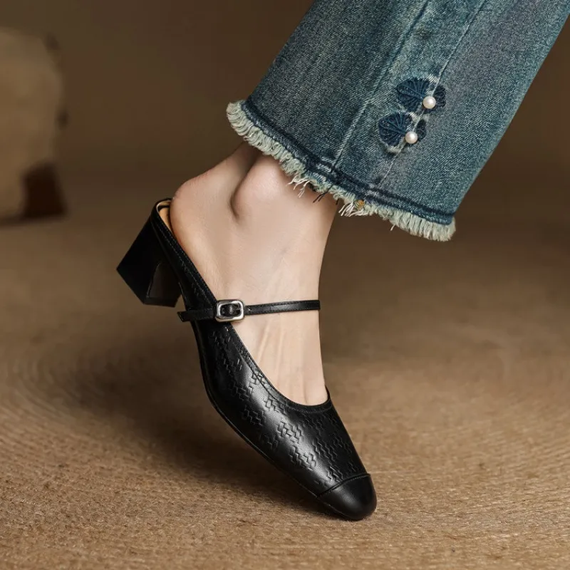 Spring/Summer One-Strap Half-Slip Sandals, Retro Closed-Toe Sandals, Chunky High-Heeled Mules