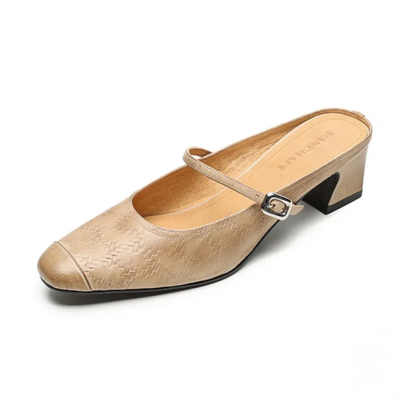 Spring/Summer One-Strap Half-Slip Sandals, Retro Closed-Toe Sandals, Chunky High-Heeled Mules