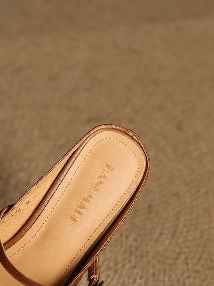 Spring/Summer One-Strap Half-Slip Sandals, Retro Closed-Toe Sandals, Chunky High-Heeled Mules