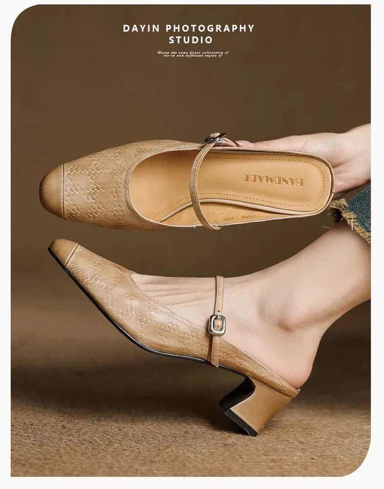 Spring/Summer One-Strap Half-Slip Sandals, Retro Closed-Toe Sandals, Chunky High-Heeled Mules