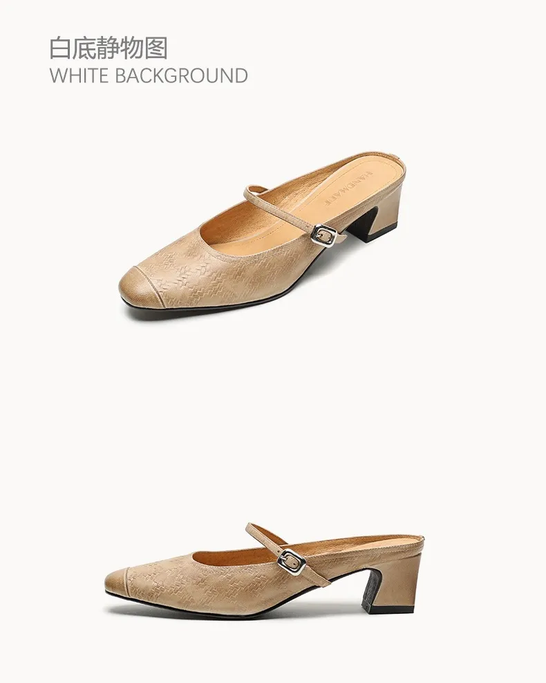 Spring/Summer One-Strap Half-Slip Sandals, Retro Closed-Toe Sandals, Chunky High-Heeled Mules