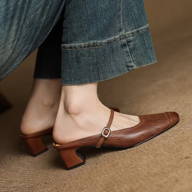 Spring/Summer One-Strap Half-Slip Sandals, Retro Closed-Toe Sandals, Chunky High-Heeled Mules