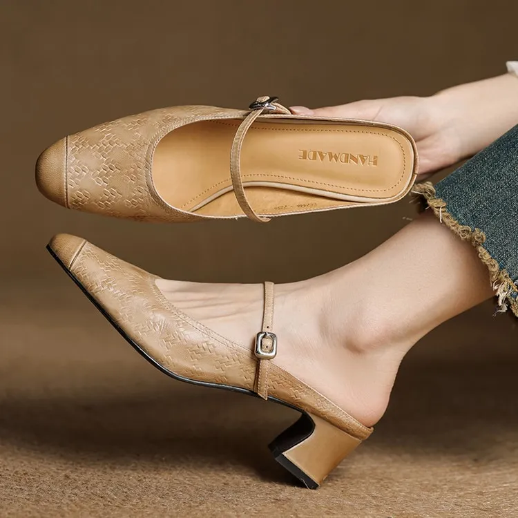 Spring/Summer One-Strap Half-Slip Sandals, Retro Closed-Toe Sandals, Chunky High-Heeled Mules
