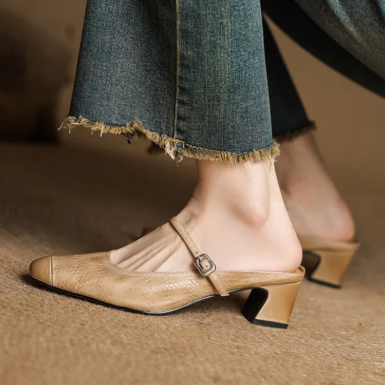 Spring/Summer One-Strap Half-Slip Sandals, Retro Closed-Toe Sandals, Chunky High-Heeled Mules