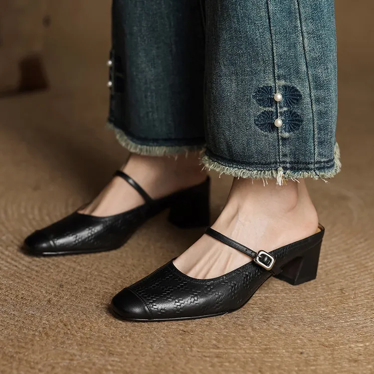 Spring/Summer One-Strap Half-Slip Sandals, Retro Closed-Toe Sandals, Chunky High-Heeled Mules