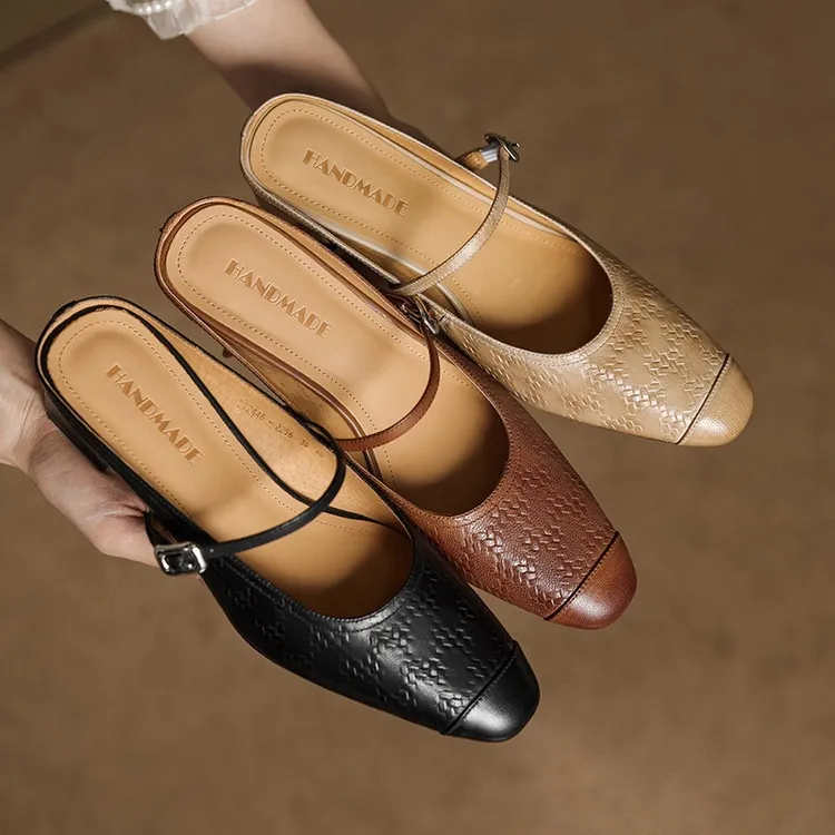 Spring/Summer One-Strap Half-Slip Sandals, Retro Closed-Toe Sandals, Chunky High-Heeled Mules