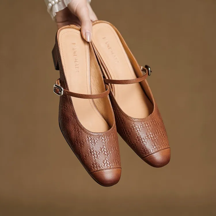 Spring/Summer One-Strap Half-Slip Sandals, Retro Closed-Toe Sandals, Chunky High-Heeled Mules