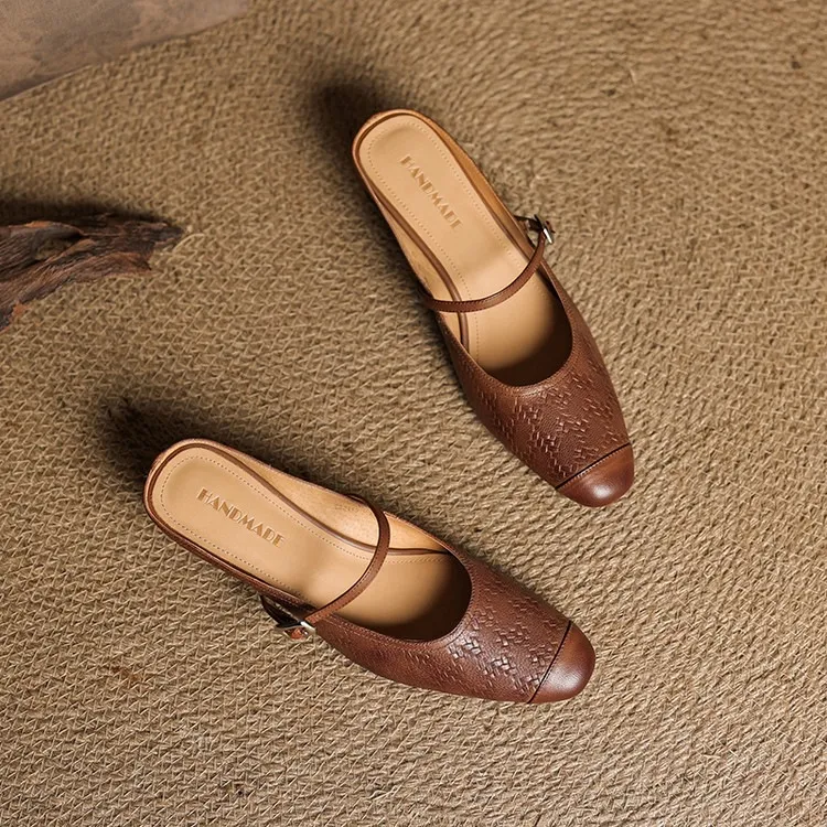 Spring/Summer One-Strap Half-Slip Sandals, Retro Closed-Toe Sandals, Chunky High-Heeled Mules