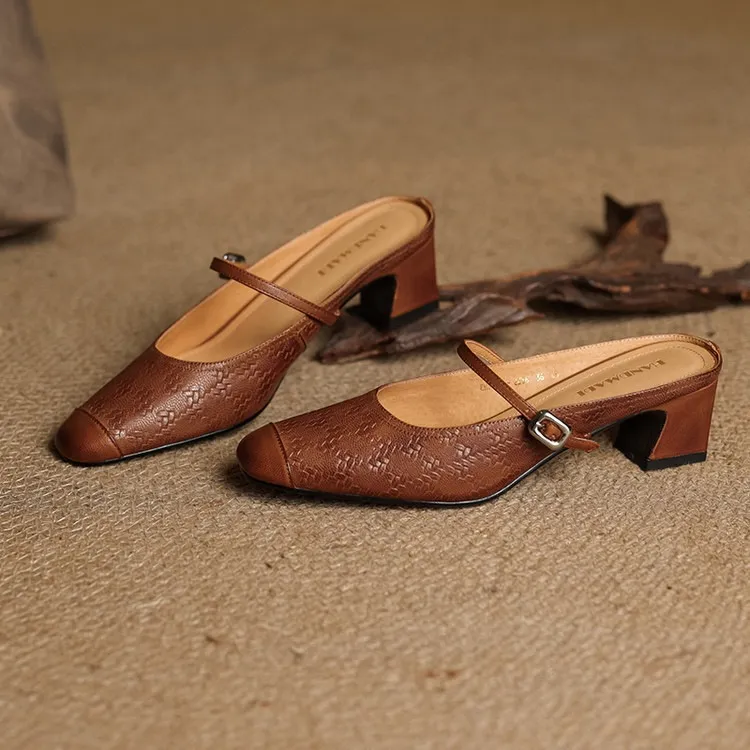 Spring/Summer One-Strap Half-Slip Sandals, Retro Closed-Toe Sandals, Chunky High-Heeled Mules