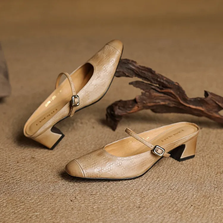 Spring/Summer One-Strap Half-Slip Sandals, Retro Closed-Toe Sandals, Chunky High-Heeled Mules