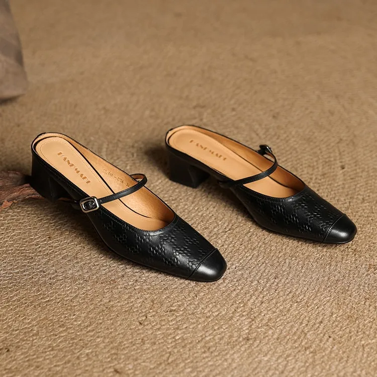 Spring/Summer One-Strap Half-Slip Sandals, Retro Closed-Toe Sandals, Chunky High-Heeled Mules