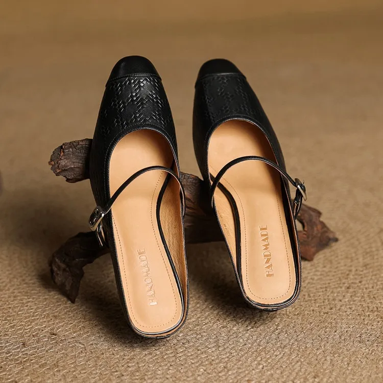 Spring/Summer One-Strap Half-Slip Sandals, Retro Closed-Toe Sandals, Chunky High-Heeled Mules