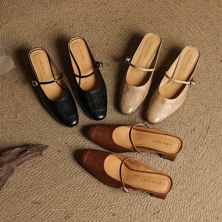 Spring/Summer One-Strap Half-Slip Sandals, Retro Closed-Toe Sandals, Chunky High-Heeled Mules