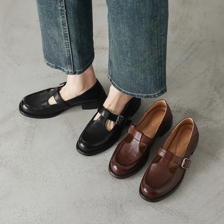 Spring Mary Jane commuter loafers, British retro style, chunky heel, T-strap, washed cowhide women's shoes