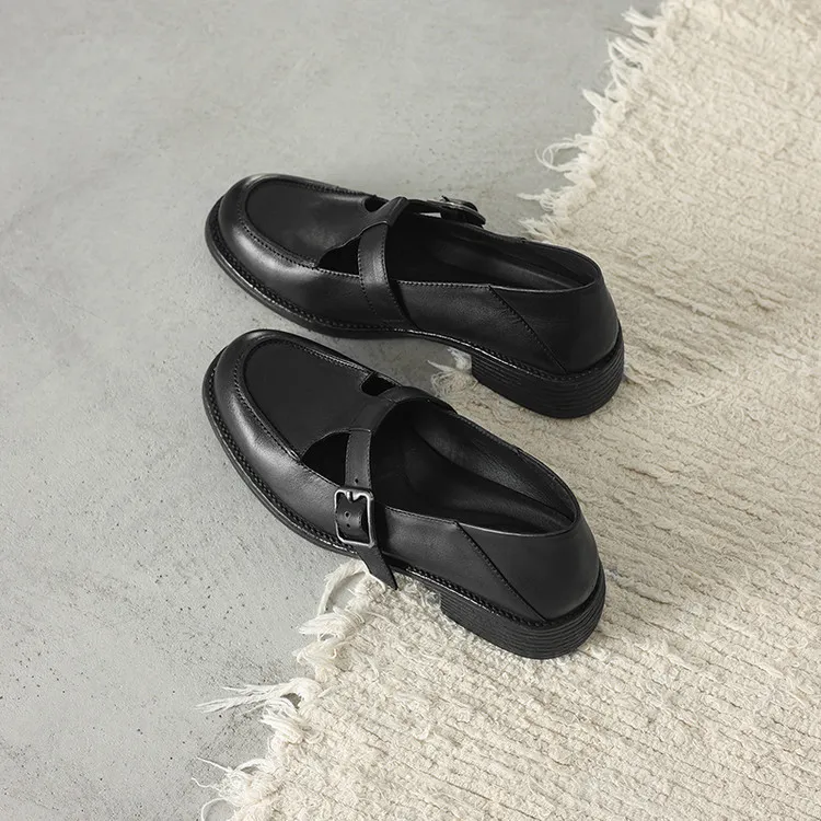 Spring Mary Jane commuter loafers, British retro style, chunky heel, T-strap, washed cowhide women's shoes