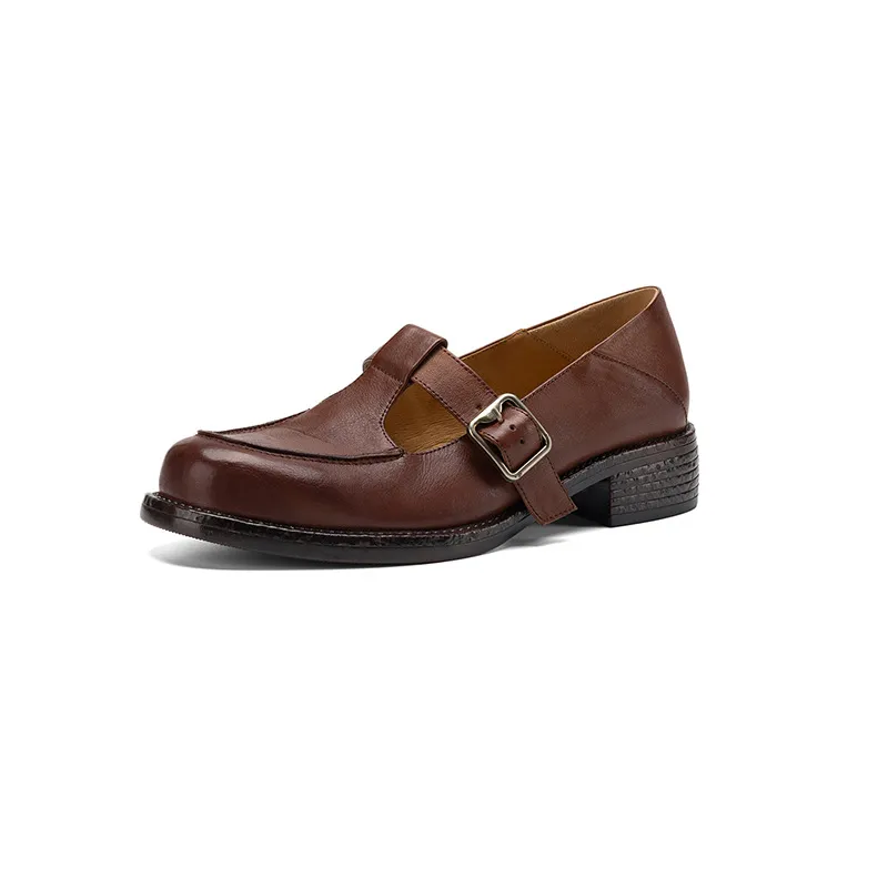 Spring Mary Jane commuter loafers, British retro style, chunky heel, T-strap, washed cowhide women's shoes