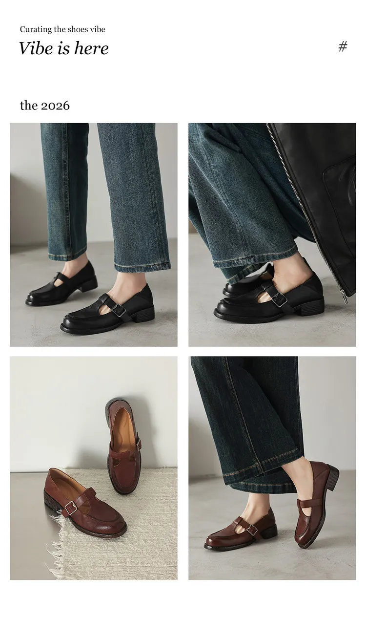 Spring Mary Jane commuter loafers, British retro style, chunky heel, T-strap, washed cowhide women's shoes