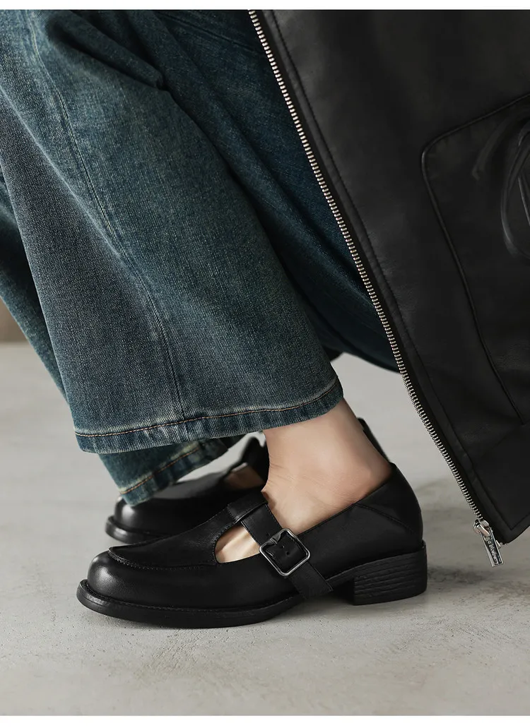 Spring Mary Jane commuter loafers, British retro style, chunky heel, T-strap, washed cowhide women's shoes