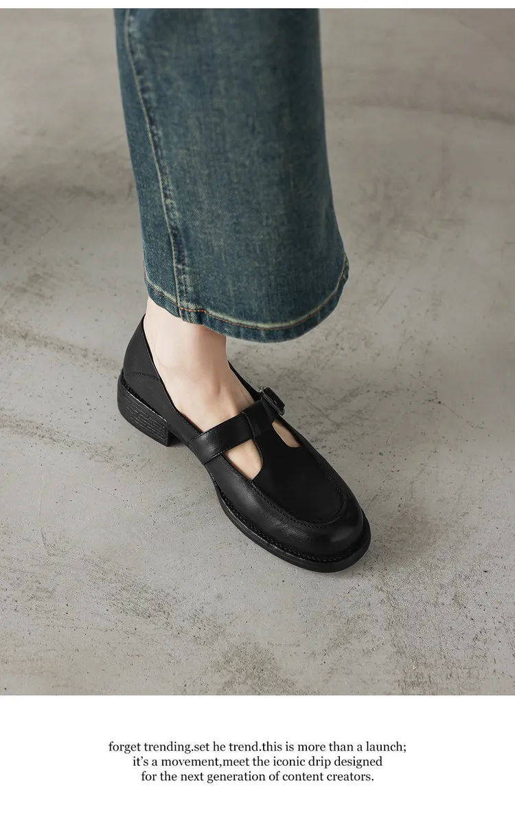 Spring Mary Jane commuter loafers, British retro style, chunky heel, T-strap, washed cowhide women's shoes