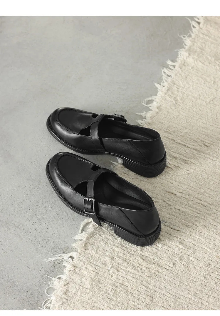 Spring Mary Jane commuter loafers, British retro style, chunky heel, T-strap, washed cowhide women's shoes