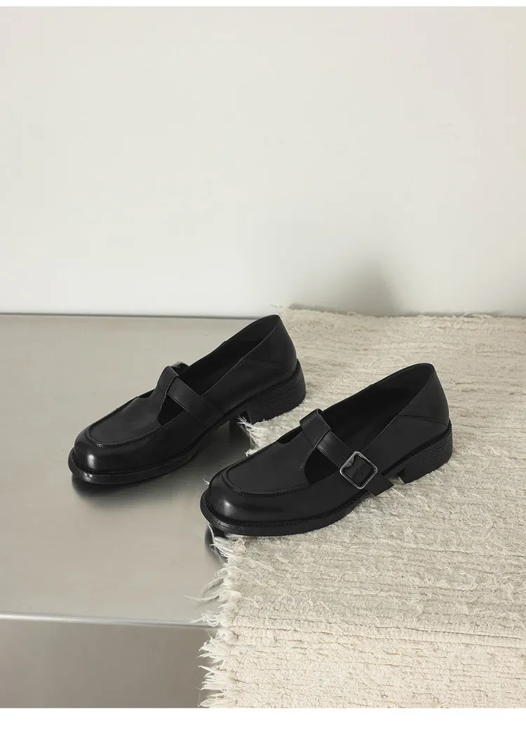 Spring Mary Jane commuter loafers, British retro style, chunky heel, T-strap, washed cowhide women's shoes