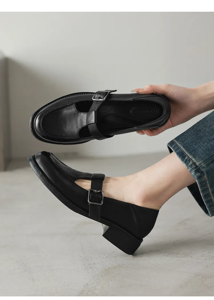 Spring Mary Jane commuter loafers, British retro style, chunky heel, T-strap, washed cowhide women's shoes