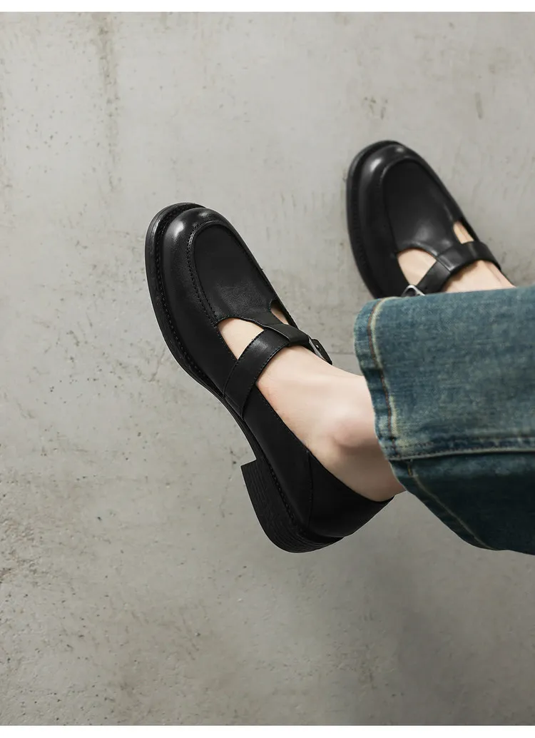 Spring Mary Jane commuter loafers, British retro style, chunky heel, T-strap, washed cowhide women's shoes