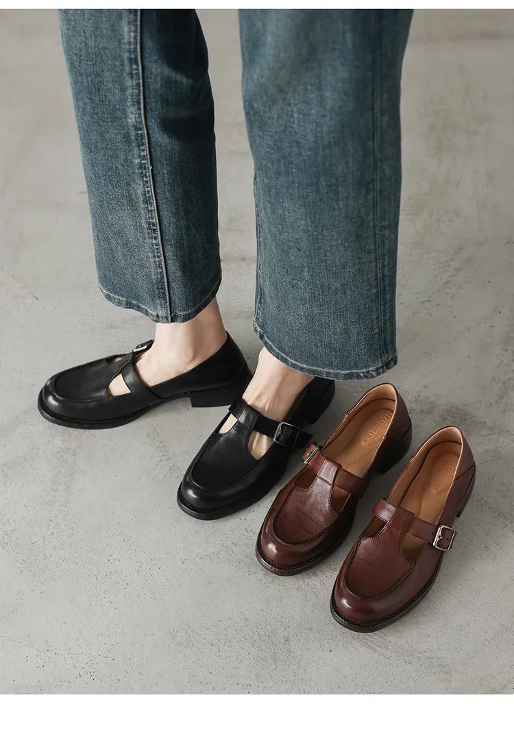 Spring Mary Jane commuter loafers, British retro style, chunky heel, T-strap, washed cowhide women's shoes