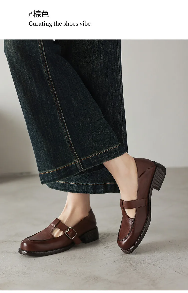 Spring Mary Jane commuter loafers, British retro style, chunky heel, T-strap, washed cowhide women's shoes