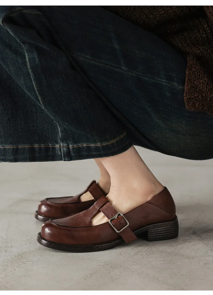Spring Mary Jane commuter loafers, British retro style, chunky heel, T-strap, washed cowhide women's shoes