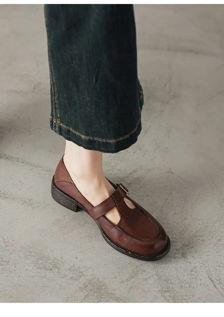Spring Mary Jane commuter loafers, British retro style, chunky heel, T-strap, washed cowhide women's shoes
