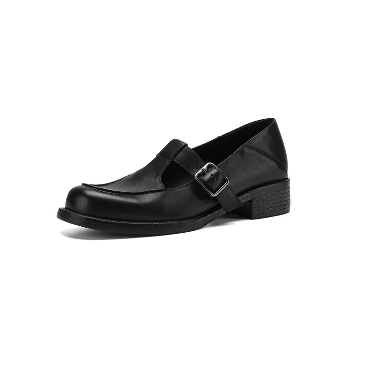 Spring Mary Jane commuter loafers, British retro style, chunky heel, T-strap, washed cowhide women's shoes