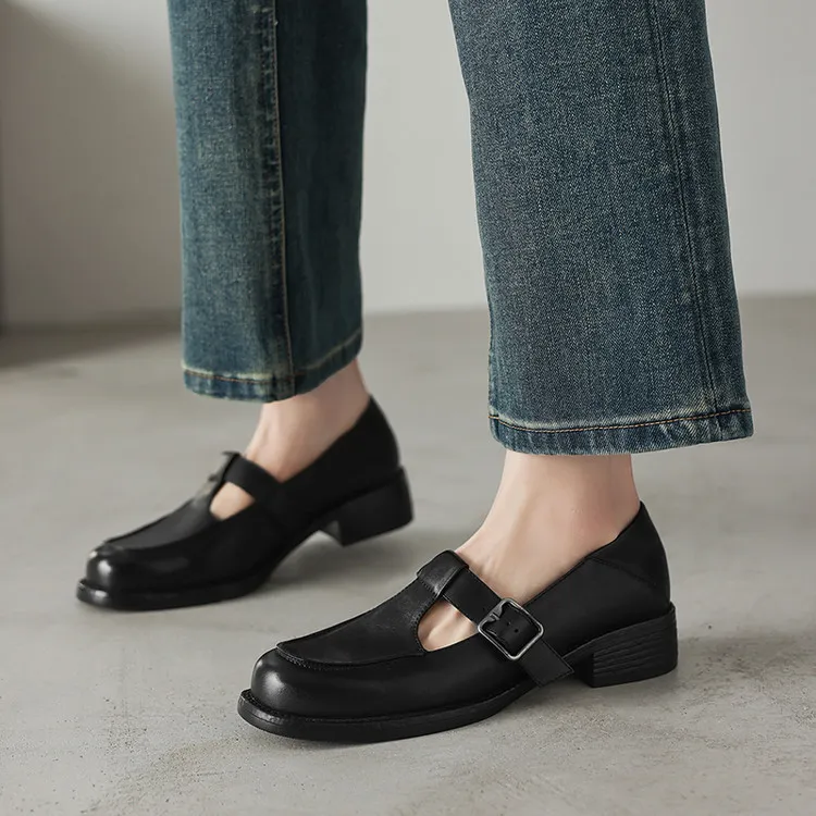 Spring Mary Jane commuter loafers, British retro style, chunky heel, T-strap, washed cowhide women's shoes