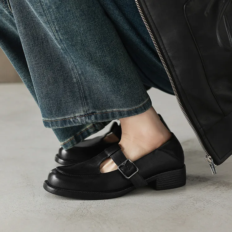 Spring Mary Jane commuter loafers, British retro style, chunky heel, T-strap, washed cowhide women's shoes