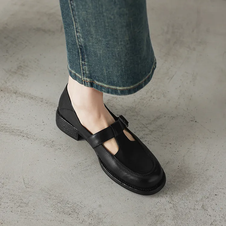 Spring Mary Jane commuter loafers, British retro style, chunky heel, T-strap, washed cowhide women's shoes