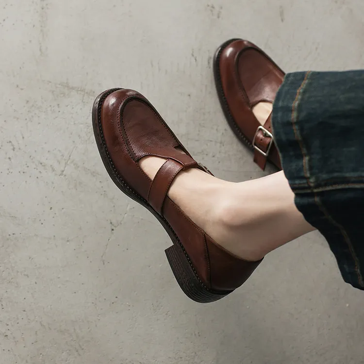 Spring Mary Jane commuter loafers, British retro style, chunky heel, T-strap, washed cowhide women's shoes