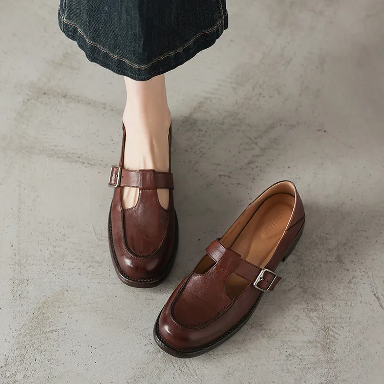 Spring Mary Jane commuter loafers, British retro style, chunky heel, T-strap, washed cowhide women's shoes
