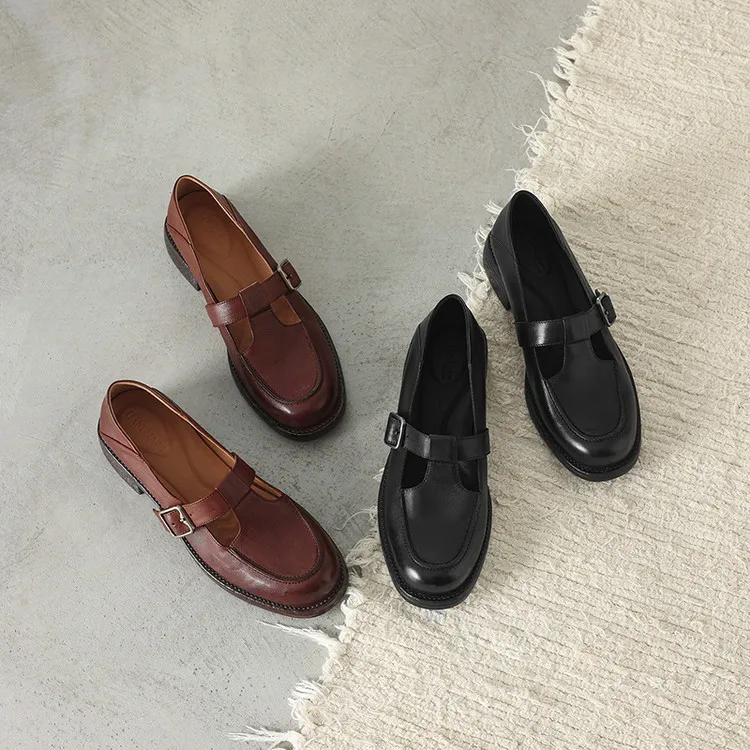 Spring Mary Jane commuter loafers, British retro style, chunky heel, T-strap, washed cowhide women's shoes