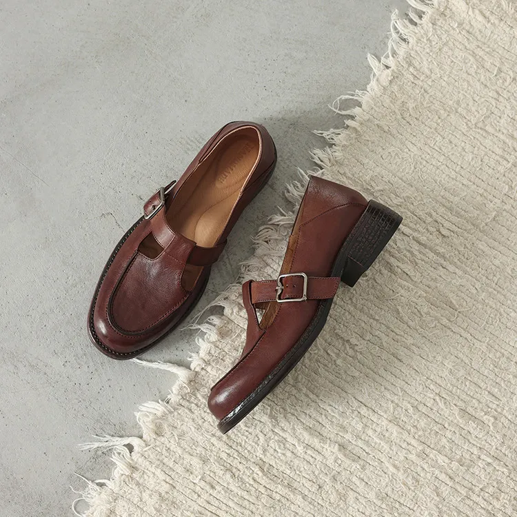 Spring Mary Jane commuter loafers, British retro style, chunky heel, T-strap, washed cowhide women's shoes