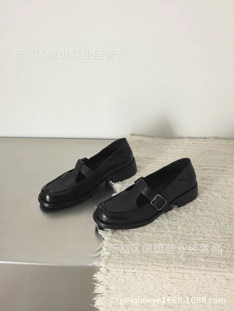 Spring Mary Jane commuter loafers, British retro style, chunky heel, T-strap, washed cowhide women's shoes