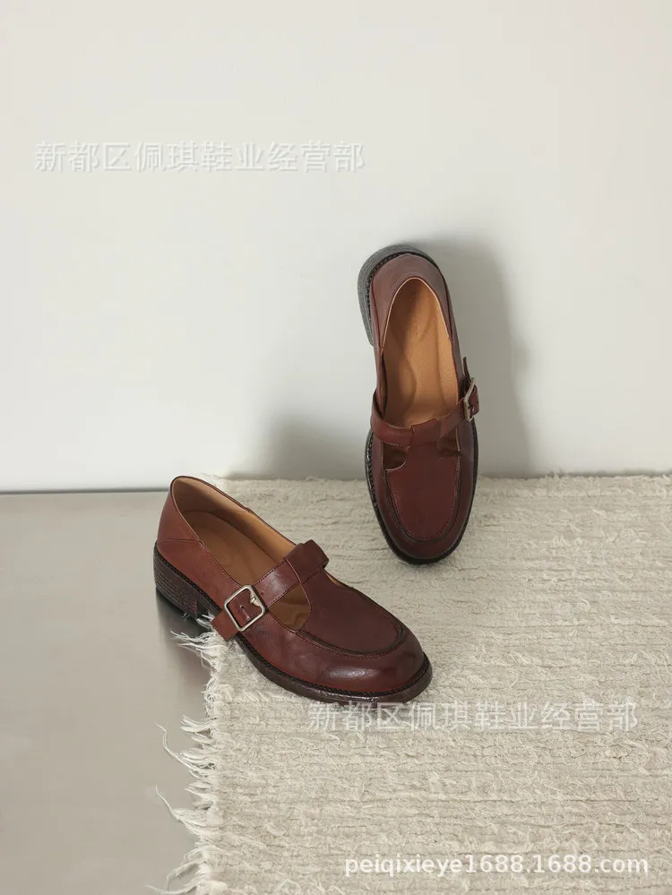 Spring Mary Jane commuter loafers, British retro style, chunky heel, T-strap, washed cowhide women's shoes