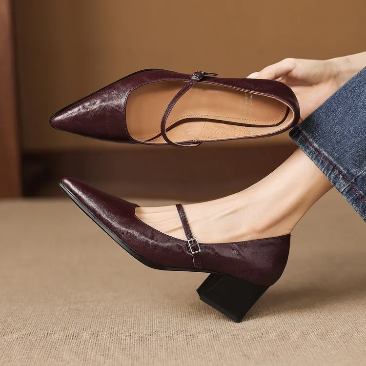 Spring/Autumn Retro Chunky Heel 5.5cm Lambskin Pointed Toe Mary Jane Shoes with Single Buckle Strap, Size 40
