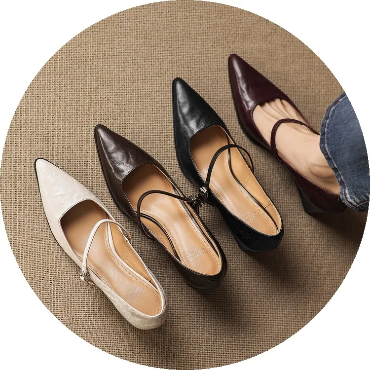 Spring/Autumn Retro Chunky Heel 5.5cm Lambskin Pointed Toe Mary Jane Shoes with Single Buckle Strap, Size 40