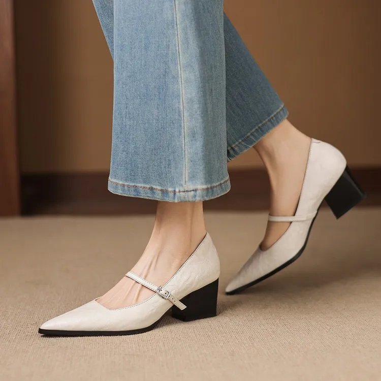 Spring/Autumn Retro Chunky Heel 5.5cm Lambskin Pointed Toe Mary Jane Shoes with Single Buckle Strap, Size 40