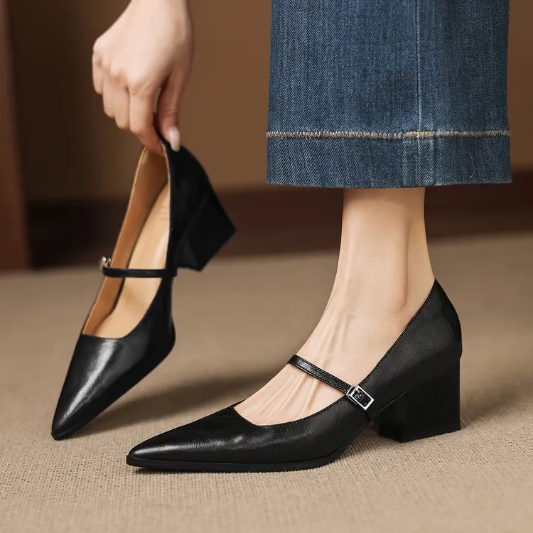 Spring/Autumn Retro Chunky Heel 5.5cm Lambskin Pointed Toe Mary Jane Shoes with Single Buckle Strap, Size 40