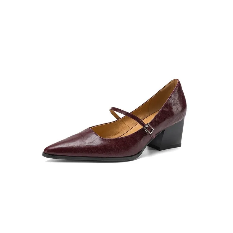 Spring/Autumn Retro Chunky Heel 5.5cm Lambskin Pointed Toe Mary Jane Shoes with Single Buckle Strap, Size 40