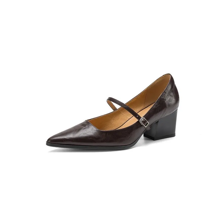 Spring/Autumn Retro Chunky Heel 5.5cm Lambskin Pointed Toe Mary Jane Shoes with Single Buckle Strap, Size 40