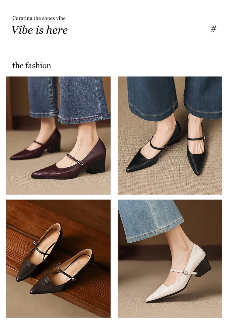 Spring/Autumn Retro Chunky Heel 5.5cm Lambskin Pointed Toe Mary Jane Shoes with Single Buckle Strap, Size 40