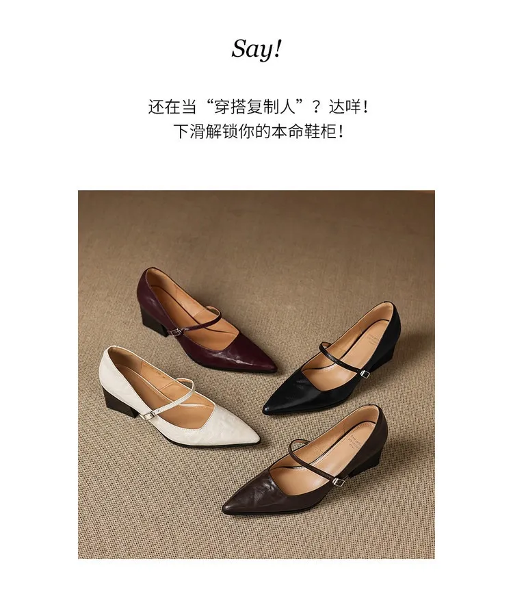 Spring/Autumn Retro Chunky Heel 5.5cm Lambskin Pointed Toe Mary Jane Shoes with Single Buckle Strap, Size 40