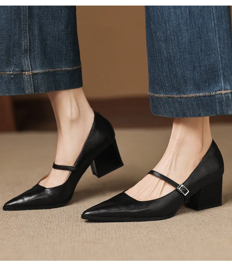 Spring/Autumn Retro Chunky Heel 5.5cm Lambskin Pointed Toe Mary Jane Shoes with Single Buckle Strap, Size 40